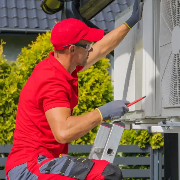 Technicien réglant une pompe à chaleur